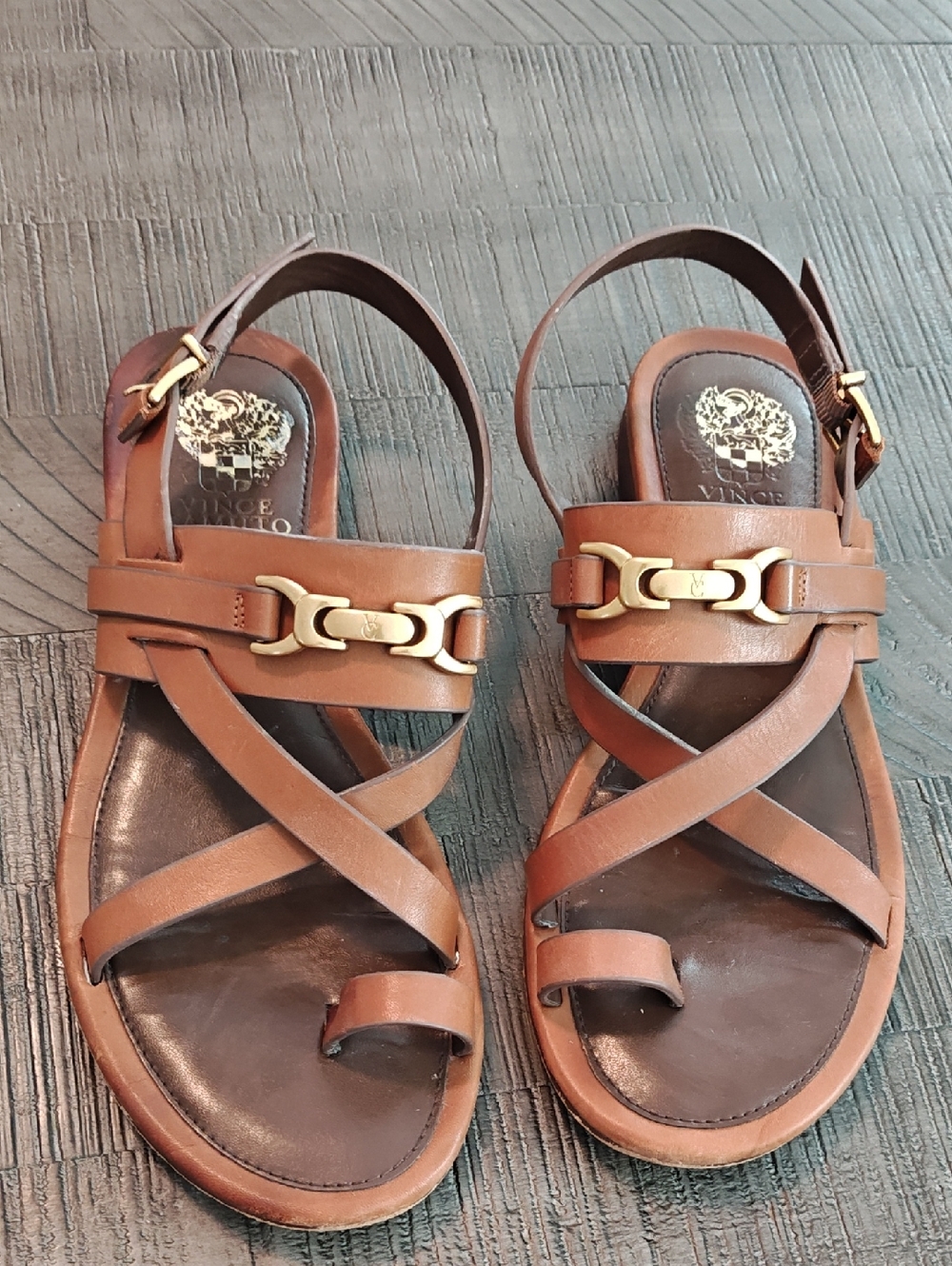 Vince Camuto Classic Brown Leather Women's Sandals with Gold Hardware Size 8